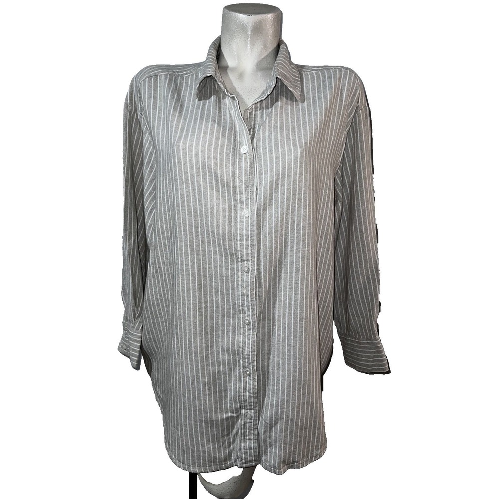 Rafaella Womens 1X Natural Striped Linen Blend Button Down Shirt LRWME013 NWT